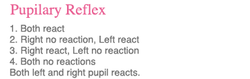 Pupilary Reflex     1. Both react     2. Right no reaction, Left react    3. Right react, Left no reaction    4. Both no reactions   Both left and right pupil reacts. 